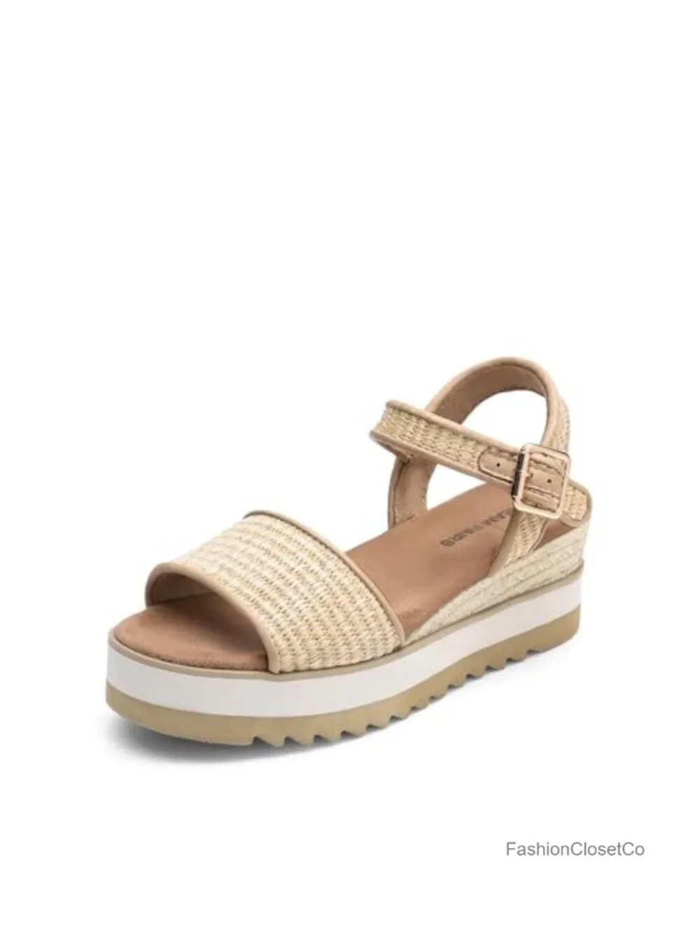 Women's Espadrille Platform Wedge Sandals with Raffia Upper and Buckle Ankle